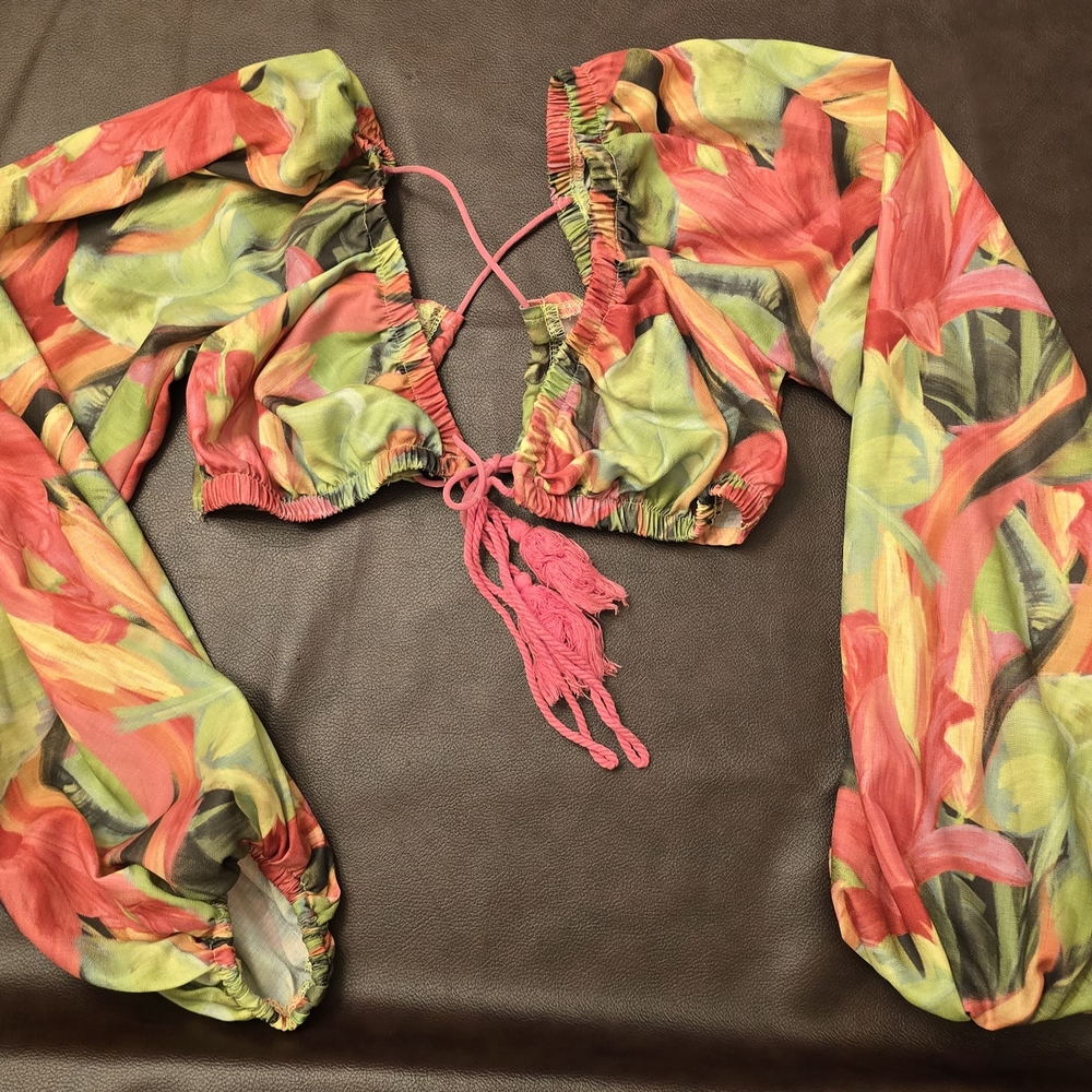 SHEIN Pink Tie Front Long Sleeve Crop Blouse
